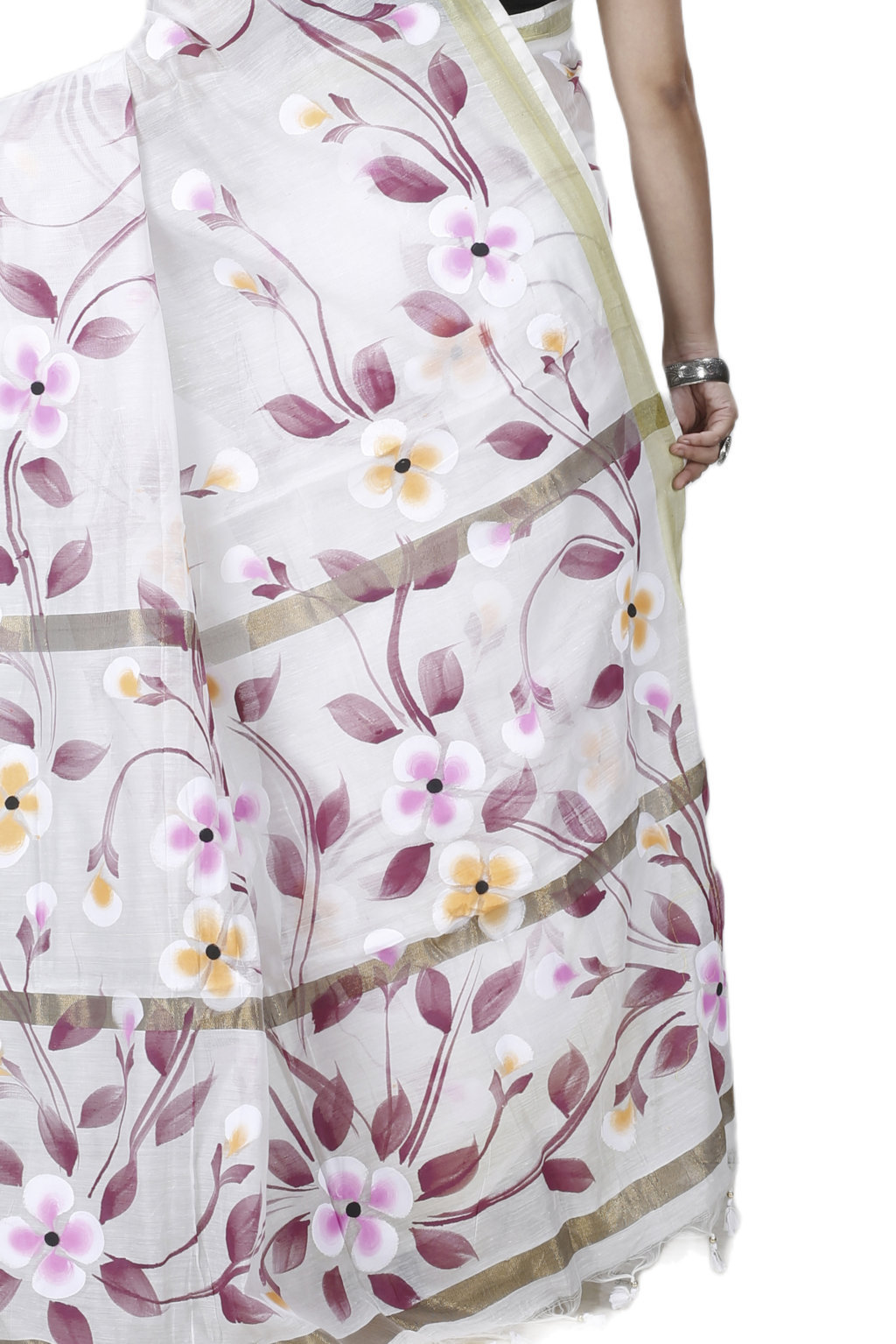 Cream Blended Cotton Tonika Hand Painted Saree (1218)